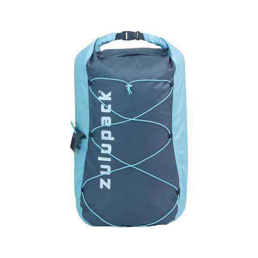 A waterproof dry bag backpack by ZUIPACK in dark slate blue and light blue, featuring a roll-top closure, a top handle, and a crisscross pattern of light blue bungee cords on the front.