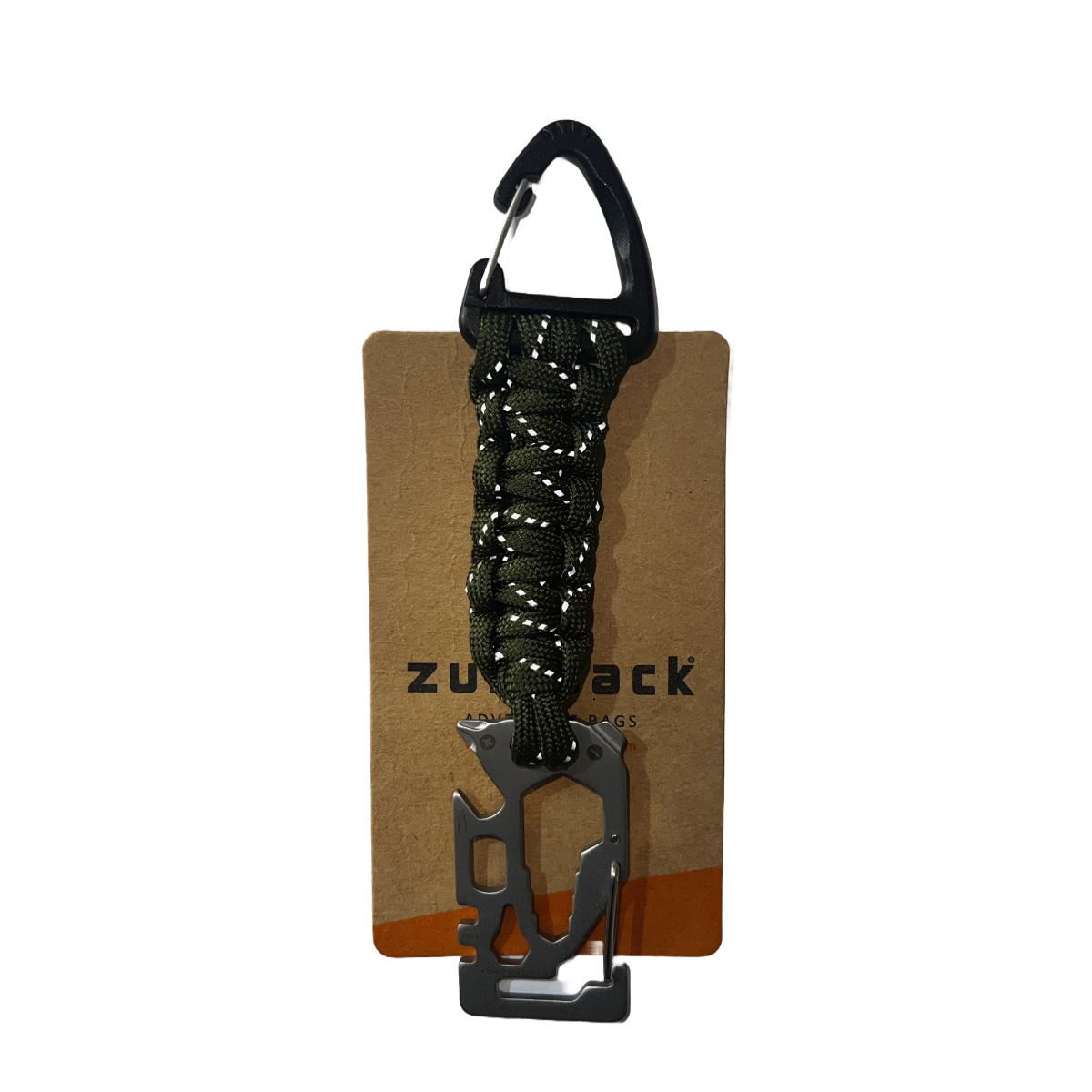 Multitool with carabiner and paracord on a branded card with 'Zulupack' logo.