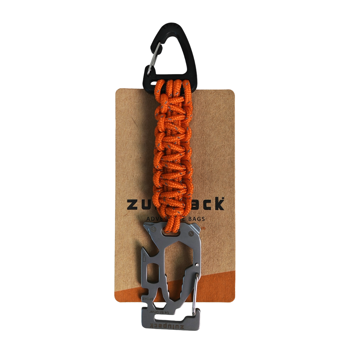 Orange paracord keychain with carabiner and multi-tool