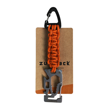 Orange paracord keychain with carabiner and multi-tool