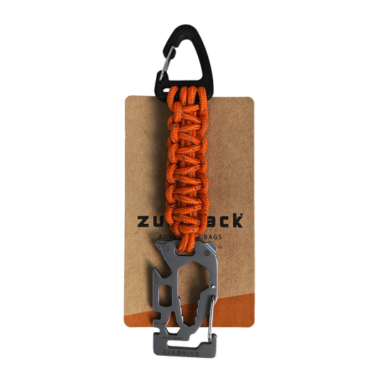 Orange paracord keychain with carabiner and multi-tool